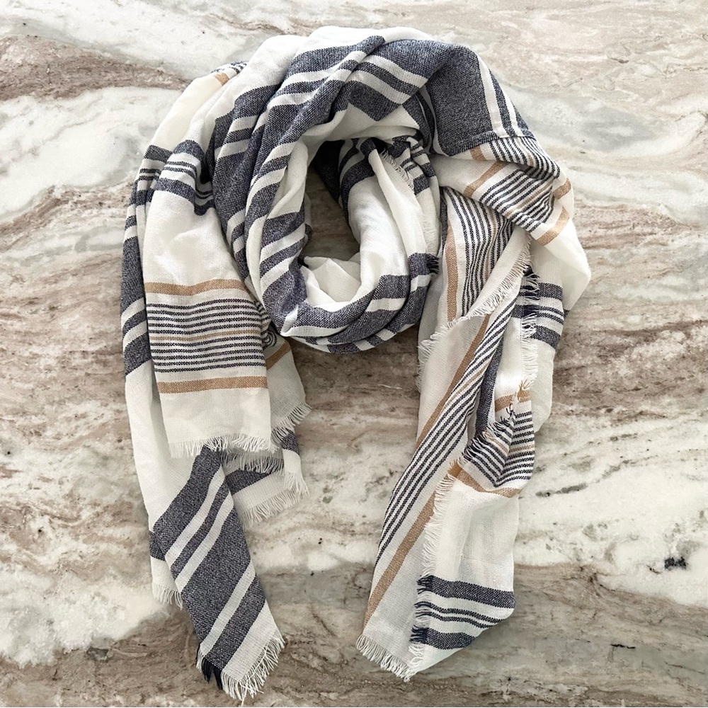 Oversized White Navy & Tan Stripe Scarf /Wrap /Beach Coverup - Coastal Nautical